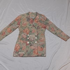 Lagenlook Vintage Floral Double Breasted Longline Linen Blend Spring Suit Jacket